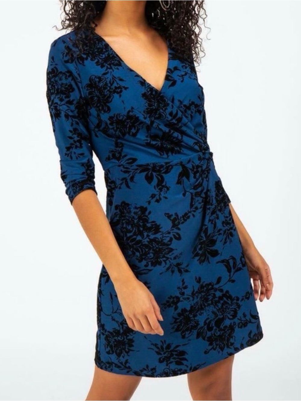 Alya Blue and Black Floral Wrap Mini Dress